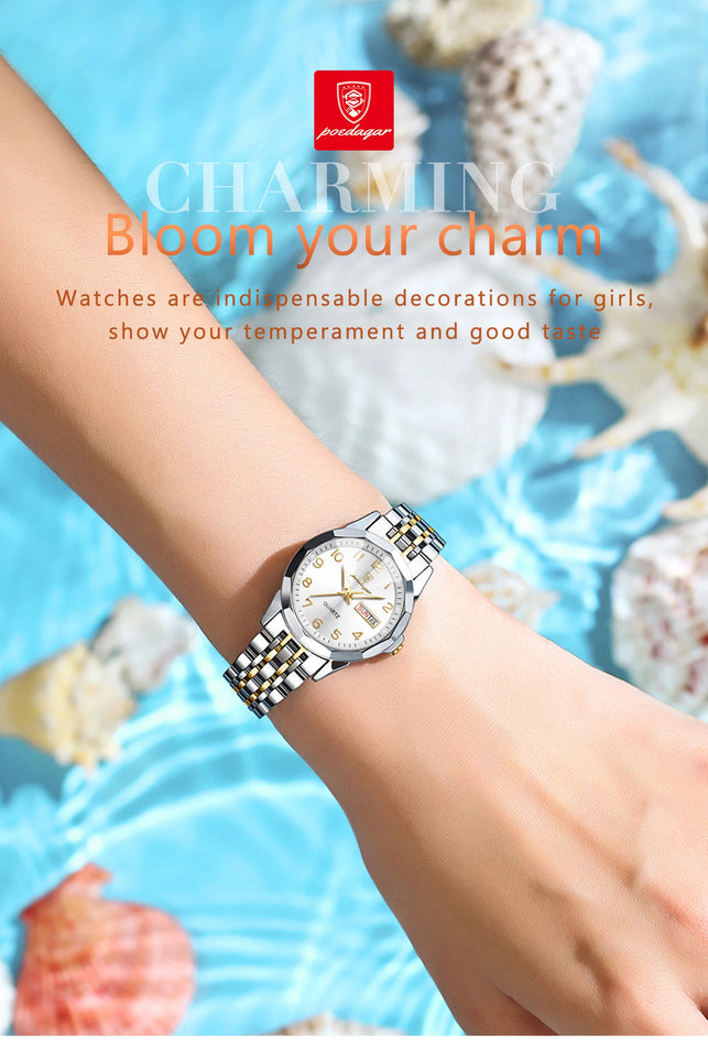 POEDAGAR Elegant Ladies Watches Waterproof Luminous Date Week Watch for Woman High Quality Stainless Steel Quartz Women's Watch