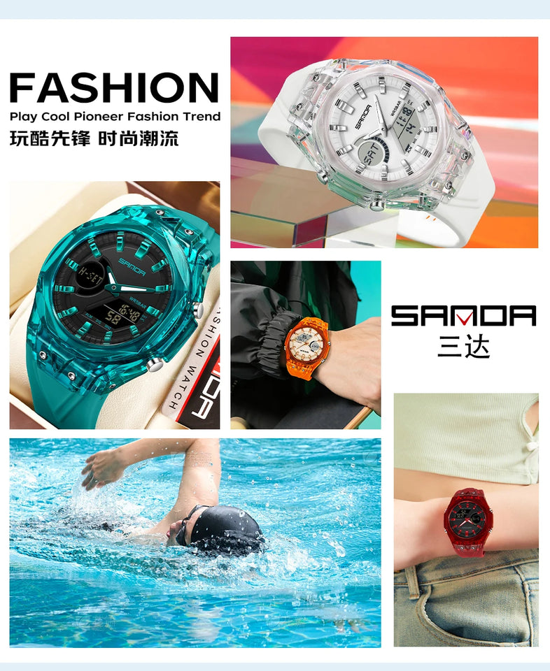 SANDA Top New 6283 Dual Display Multifunctional Student Electronic Watch Alarm Clock Night Light Waterproof Sports Student Watch