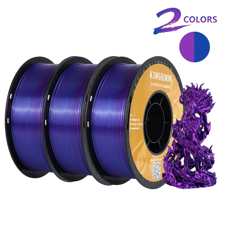 KINGROON Dual-color Silk PLA Filament 1.75mm 2 Color Coextrusion Glossy 3D Printer Filament PLA, 3kg/pack 1kg each spool