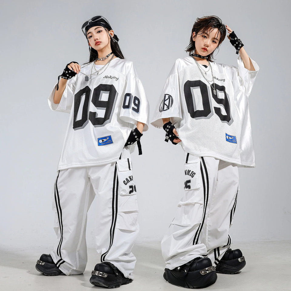 Boys Hip Hop Mesh T-shirt Cargo Pants Girls K-pop Street Dance Sweatshirt Costumes Child Clothes Sets Kids Teens Jazz Streetwear