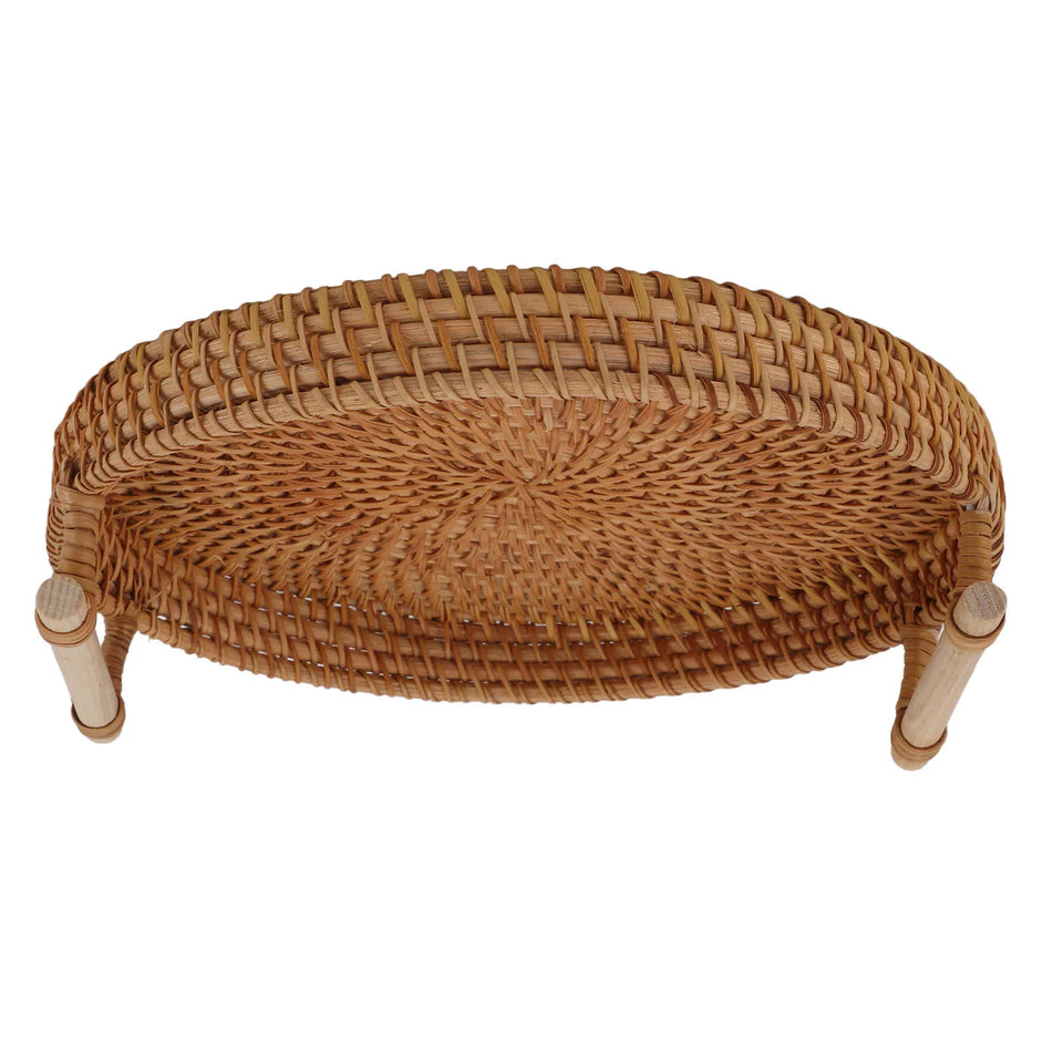 Coffee Table Decorative Tray Traditional Design Round Serving Tray with Solid Wood Handle Hand Woven Large Capacity for Home