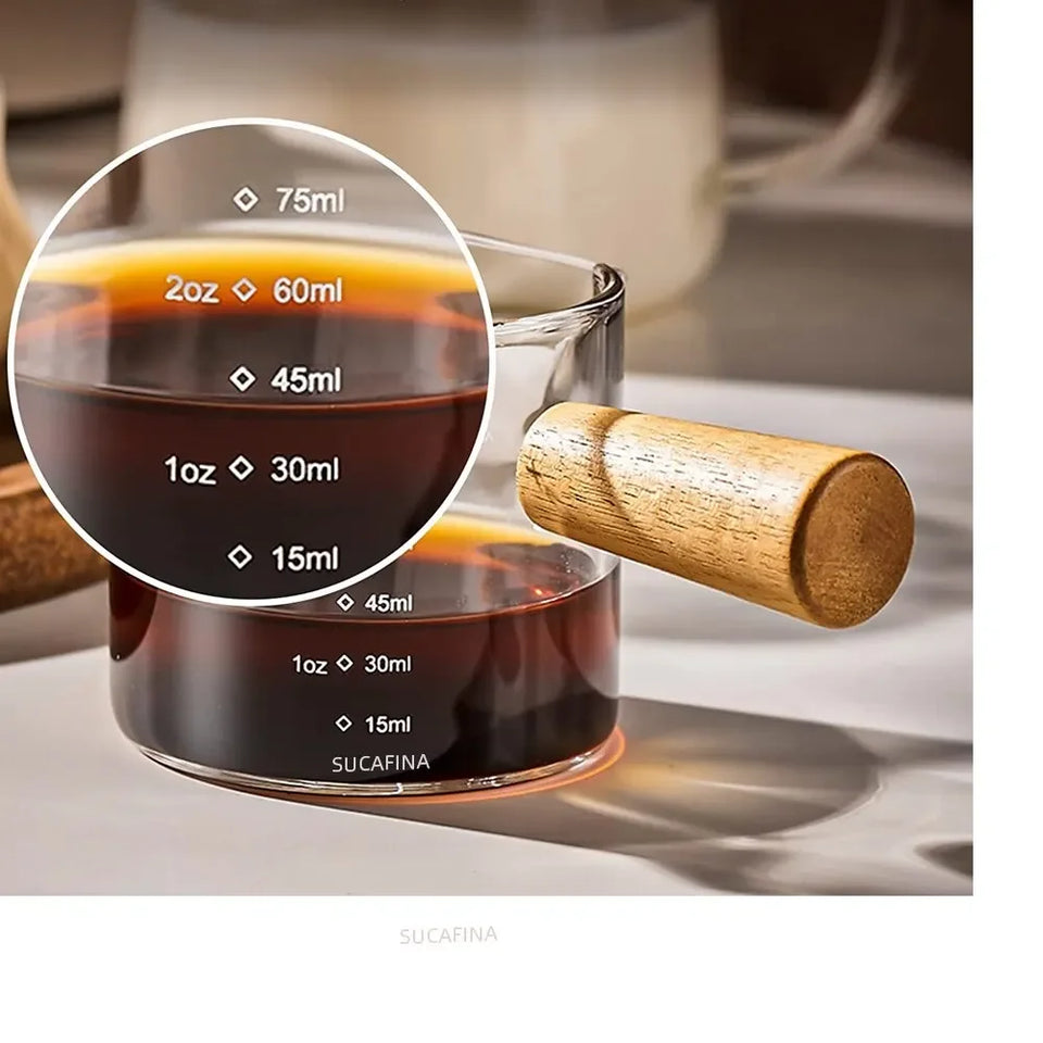 Glass Milk Cup Fine Espresso Small Glass Measuring Cup Double Spout Milk Jug Wooden Handle and Scale Coffee Latte Extraction Cup