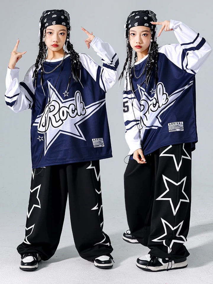 Girls Hip Hop Star Sweatshirt Vest Joggers Pants Boys Cool Streetwear Clothes Set Kids Children Jazz Street Dance K-pop Costumes