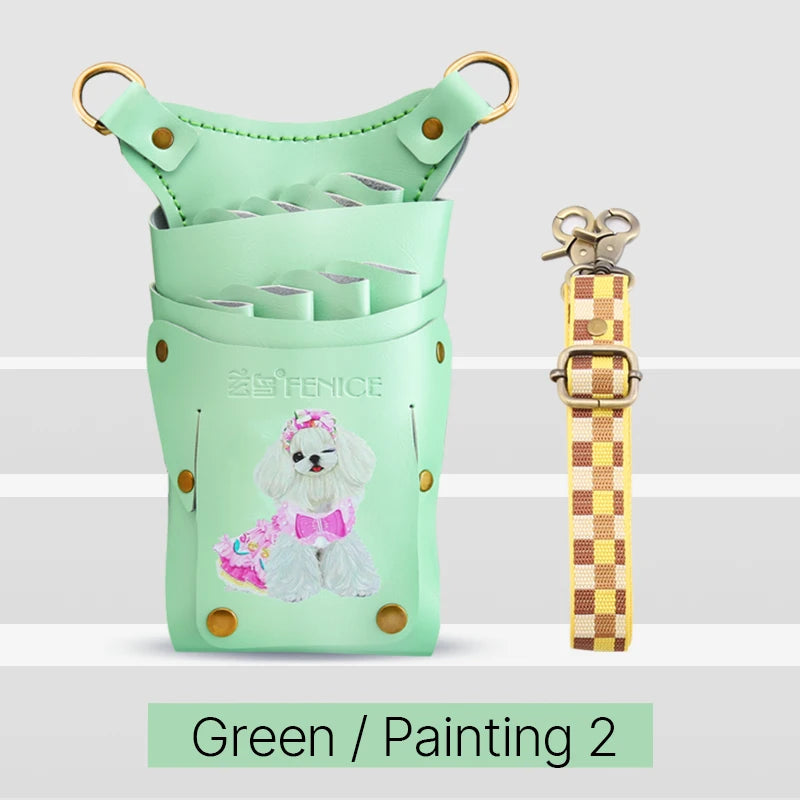 Fenice scissors storage bag,hold 8 scissors, 8 paintings, 6 colors cowhide,waist bag, pet beautician, barber's special waist bag