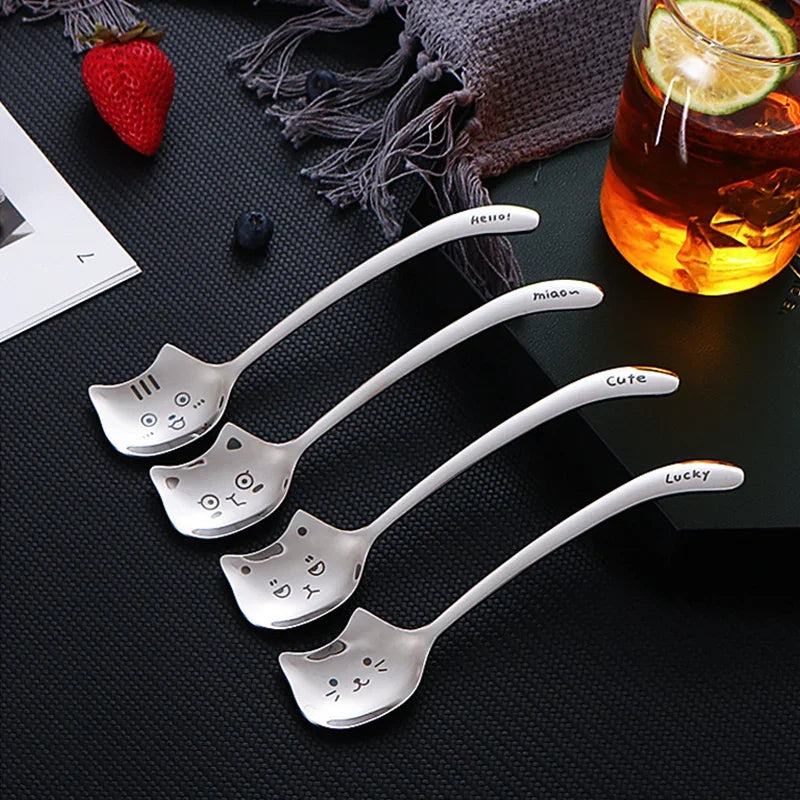 Funny Cat Spoons Cute Cartoon Meow Teaspoons for Coffee Dessert Cake Long Tail Spoon Birthday Gift Kitchen Tableware Accessories