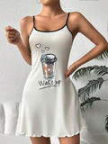 New Womens Summer Cute Coffee Letter Print Sleep Dress Spaghetti Strap Mini Cami Nightgown Lettuce Hem Contrast Trim Loungewear
