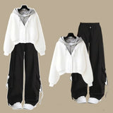 2026 Girl Spring Autumn New Casual Tracksuit Matching Set Korean Elegant Fake Two-piece Hooded Sweatshirt+Loose Cargo Pants Suit