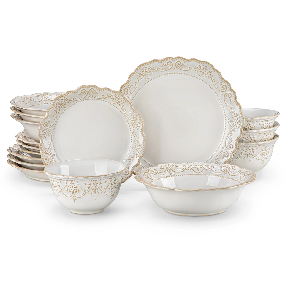 MALACASA 16/32 Piece Plates Dinner Sets Relief White Stoneware Dinnerware Set with 4 PCS Dinner Plate/Dessert/Cereal Bowl/Soup