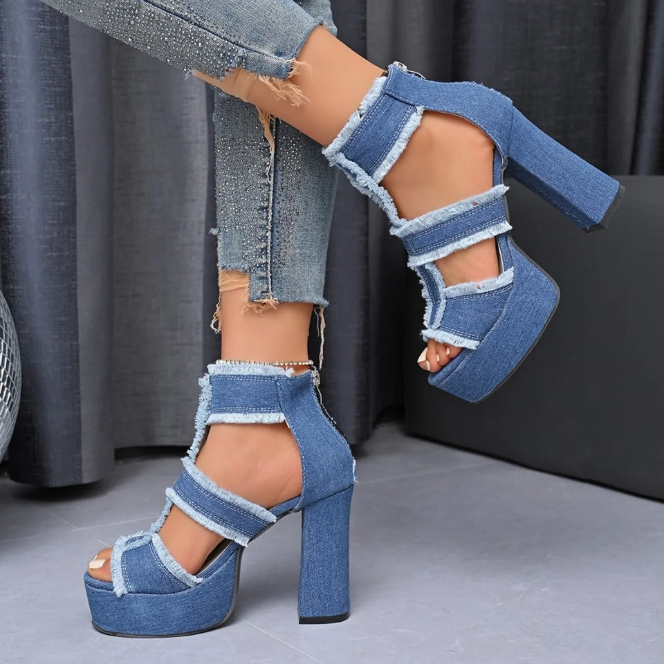 Summer Women Sandals New Platform Blue Denim Ankle Strap High Heels Shoes for Women Fashion Outdoor Sexy Peep Toe Sandals Women