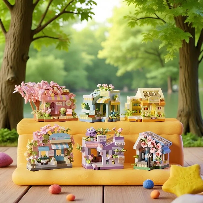 Coffee Ice Cream Flower Shop Store Street View Food House Building Blocks Kit Girls Bricks Model Kids Toy Mini Assembly Bricks