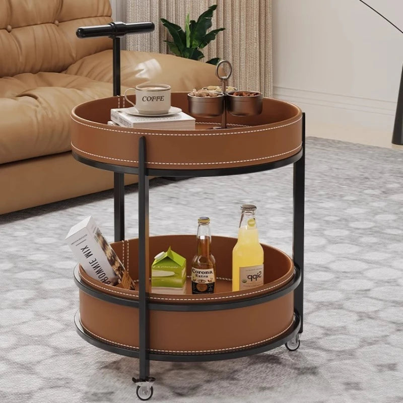 2025 New Light Luxury Sofa Side Table Movable Hotel Room Saddle Leather Trolley Home Bedroom Storage Bedside Small Coffee Table