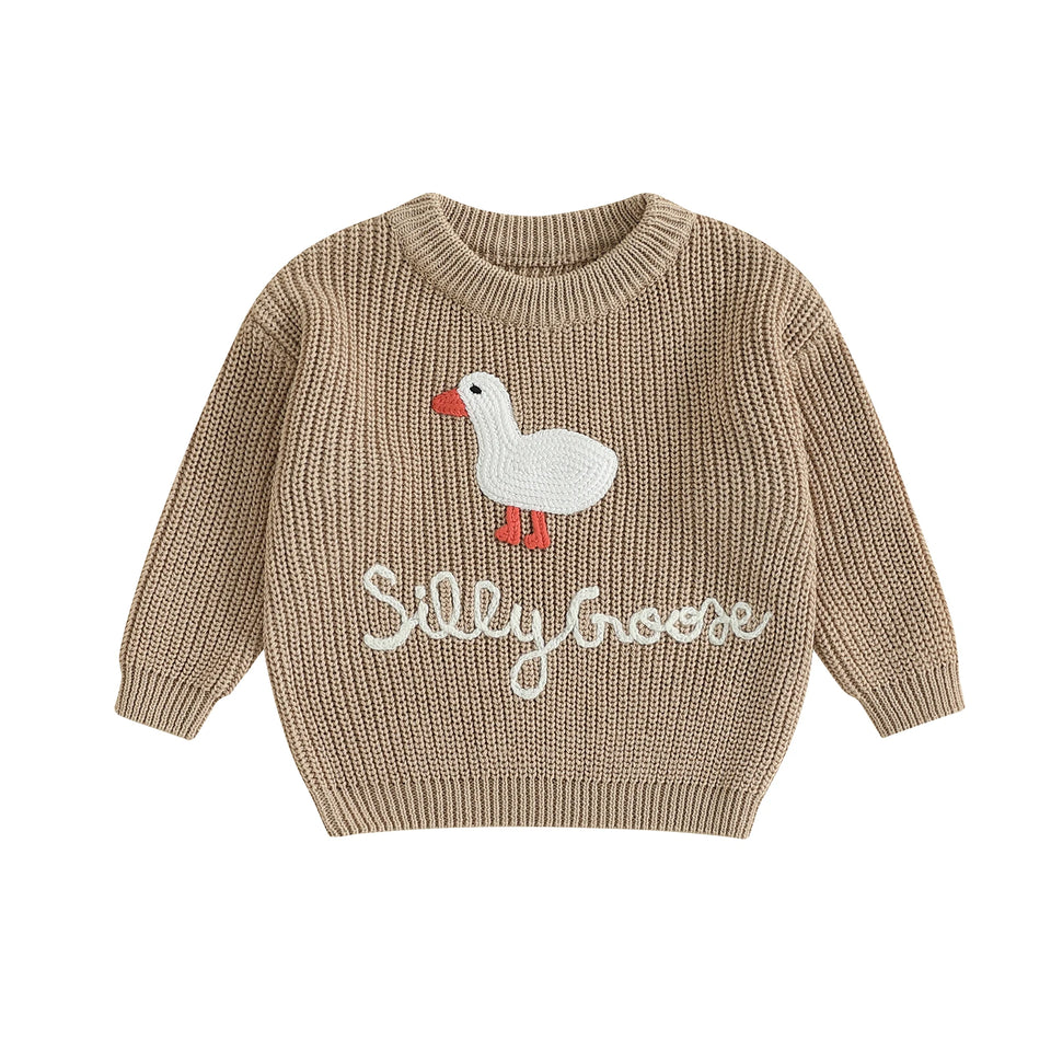 0-3T Toddler Baby Boy Girl Knit Sweater Silly Goose Embroidery Long Sleeve Knitted Sweatshirt Warm Fall Winter Clothes