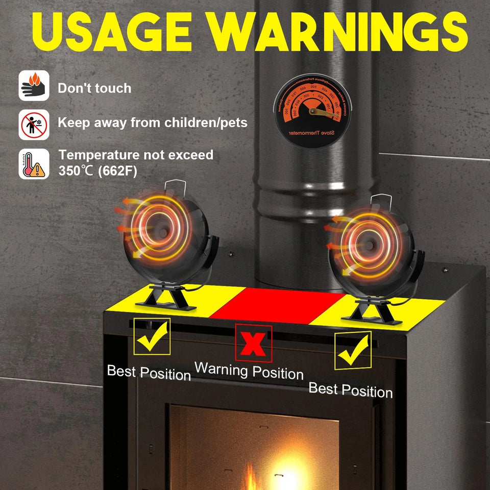 6 Blades Heat Powered Stove Fan Eco Quiet Black Log Wood Burner Fireplace Eco-Fan Winter Home Warm Efficient Heat Distribution