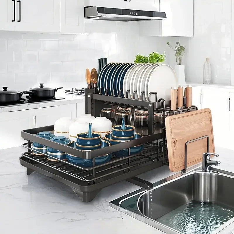 2026 Upgraded New Model - 1.5-Layer Carbon Steel Dish Rack, with Drain Tray, Commercial-Grade Tableware Storage Rack – Large Capacity, Rust-Proof, Includes Cutlery Rack and Cutting Board Rack, Suitable for Families of 4-6 P