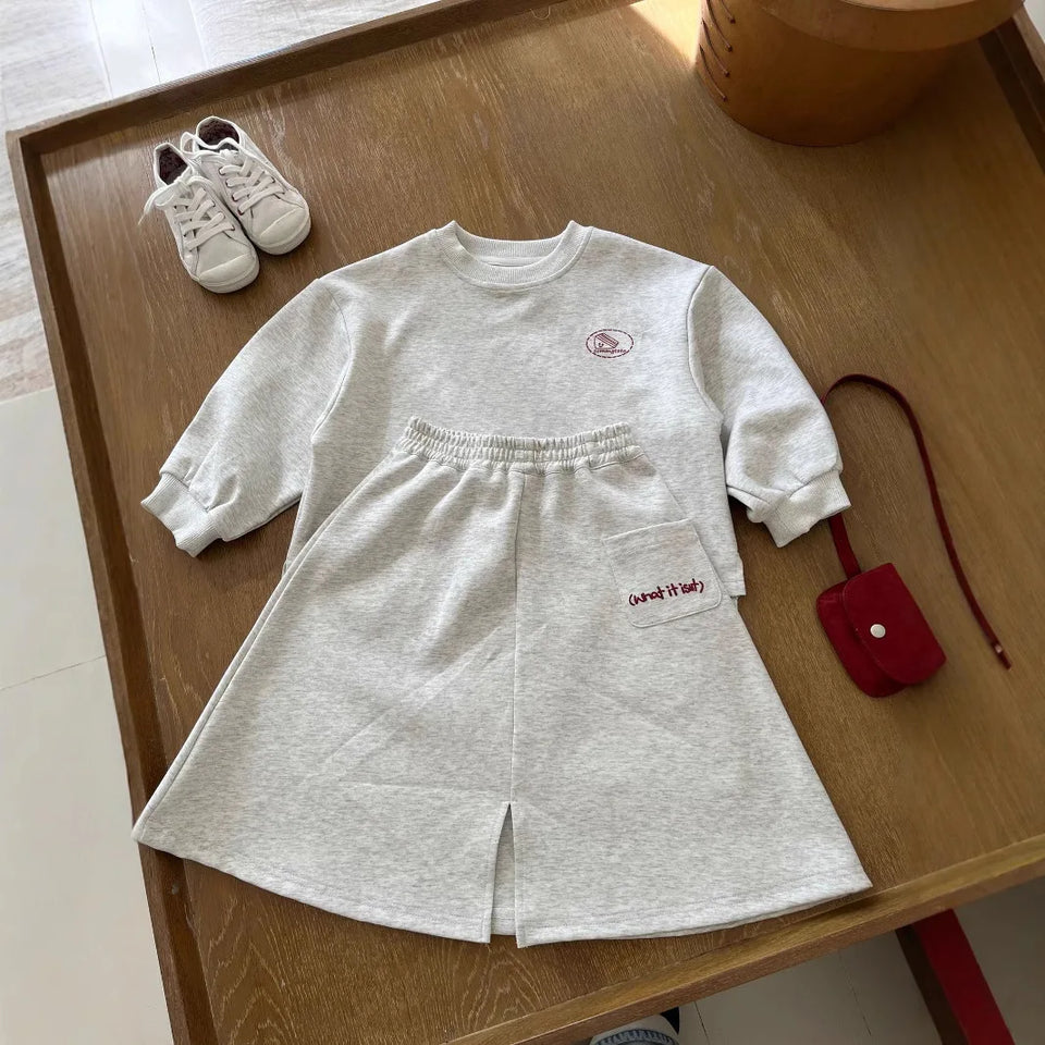 2025 Autumn Winter Girls' Outfit Vacation Children Letter Print Sweatshirt 2piece Set Skirt Casual Pullover Top 3y-10y Suit