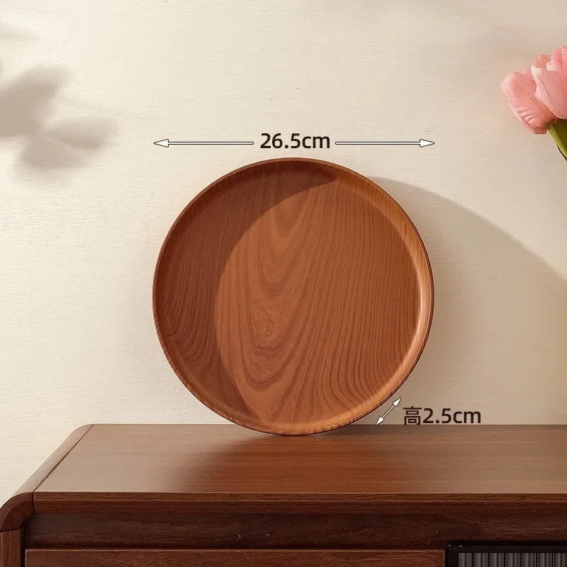 Walnut Wood-Grain Round Serving Tray-Multi-Purpose Plate for Coffee, Bread, Pastries & Tea Set Storage, Ideal for Tea Ceremonies