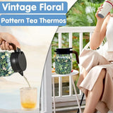 TOP! Vintage Floral Pattern Tea Built-in Infuser Stainless Steel Thermal Carafe with Lid for Hot Drinks Green