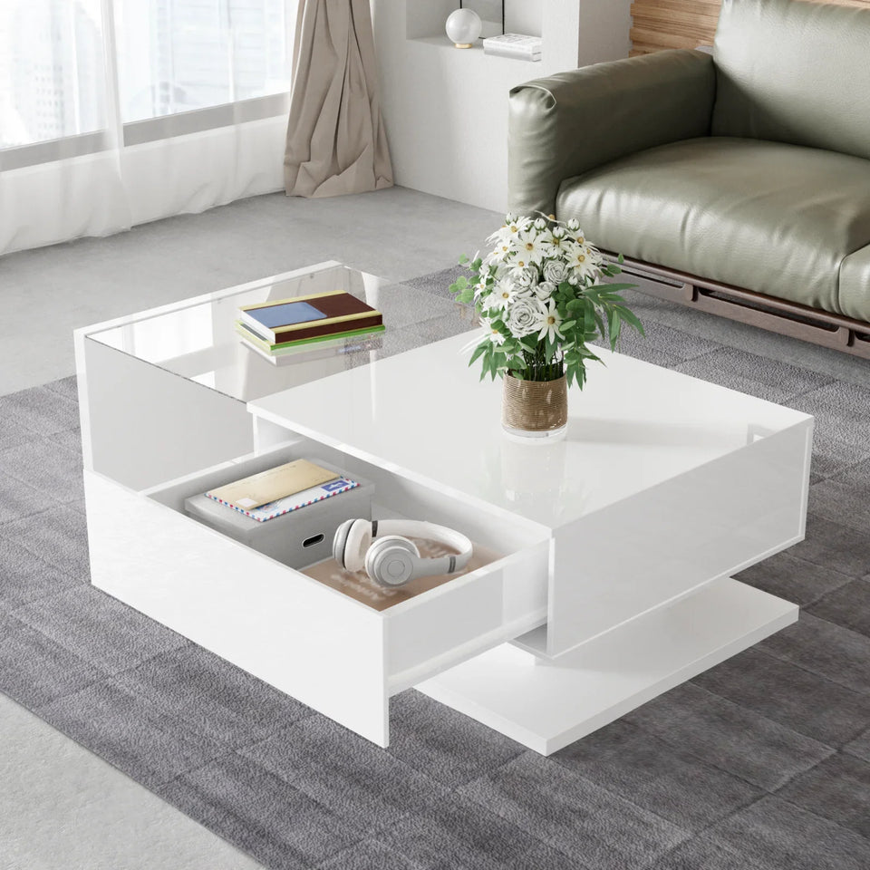 Rosahqnda coffee table side tables coffee table tables with glass and LED effect, high gloss white