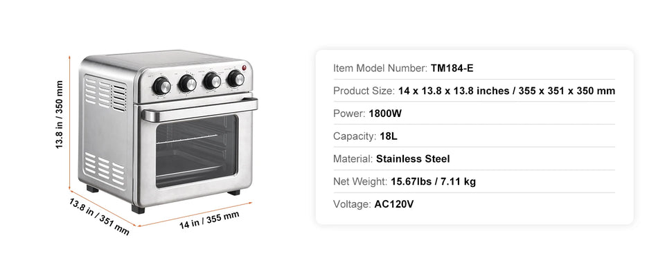 SucceBuy 18L 1700W Air Fryer Toaster Oven Stainless Steel Toaster Ovens Countertop Combo with Grill Home and Commercial Use