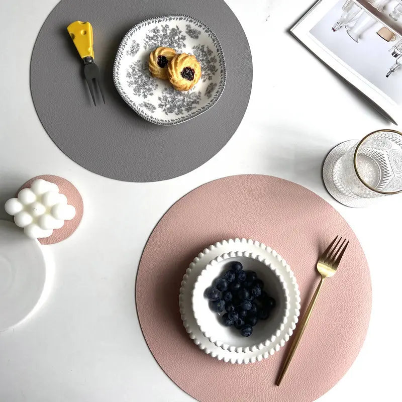 1/6/10 Sets Round PU Leather Placemats & Coaster Set Oil-Proof Waterproof Insulation Mat for Kitchen Coffee Shop Christmas Decor