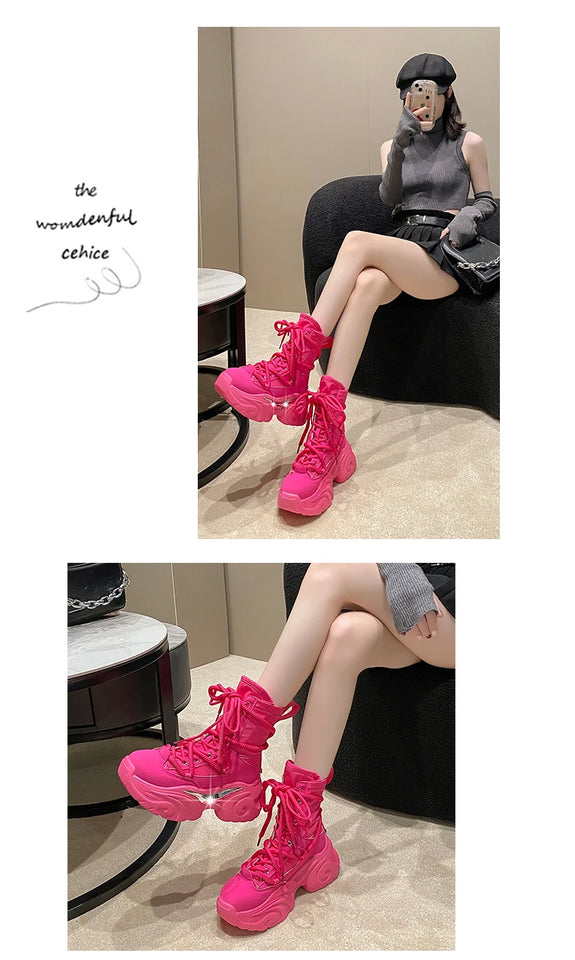 Women Ankle Boots Autumn Chunky Shoes Woman High Platform Breathable Sneakers 7.5CM Thick Sole Wedges Motorcycles Boots Winter