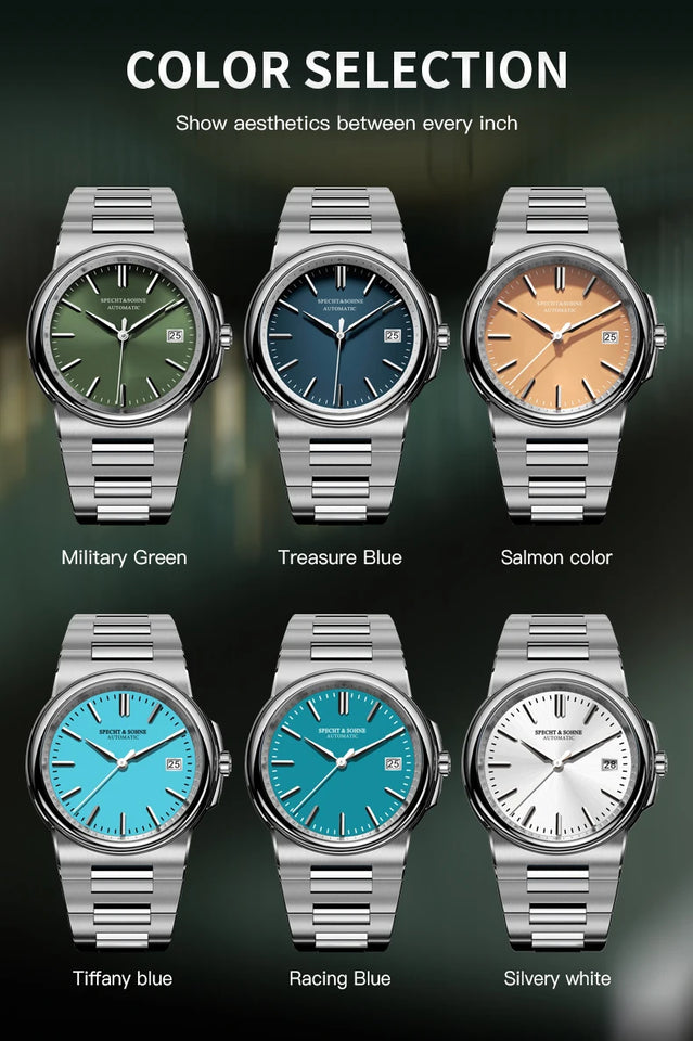 Specht&Sohne New Arrivals Blue Automatic Mechanical Watches For Men 38MM Stainless Steel Waterproof Classic Elegant Watch 50M