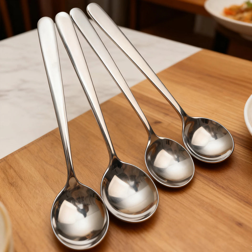 1/5PCS Round Head Soup Spoon Stainless Steel Long Handle Stirring Spoon Portable Dessert Coffee Scoop Home Kitchen Tableware