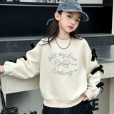 Girls' 2025 New Spring/Autumn Long Sleeve Bowknot Loose Fit Stylish Korean Style Mid-Big Kids Sweatshirt