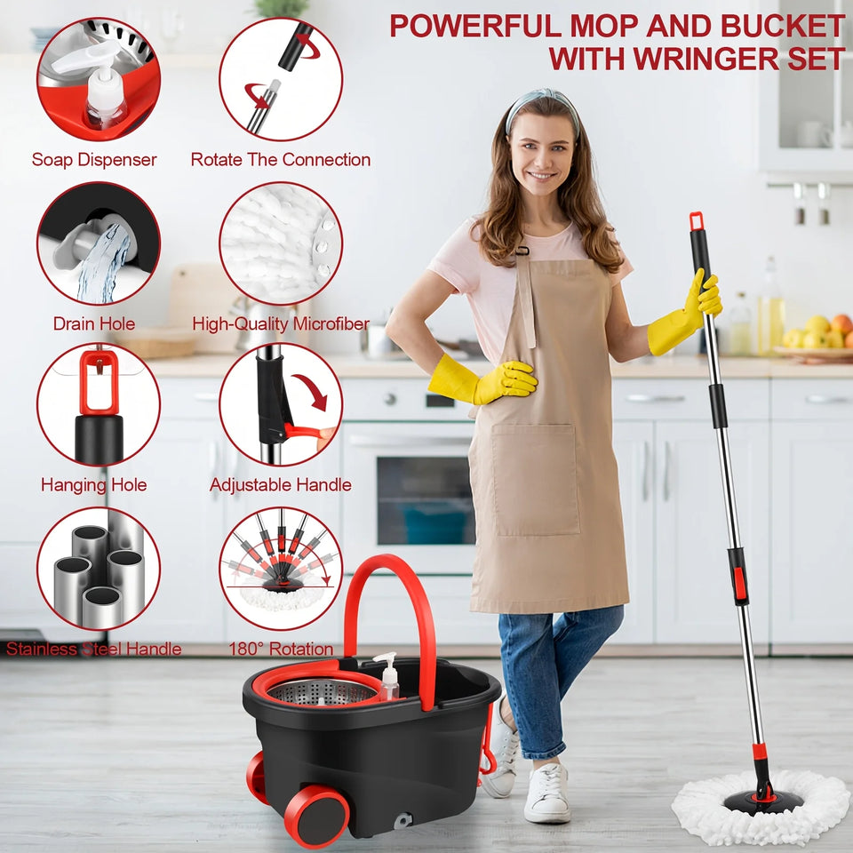 Spin Mop and Bucket Set with Wringer 360° Spinning, 4 Microfiber Mop Heads 61" Adjustable Handle Stainless Steel Floor Cleaner