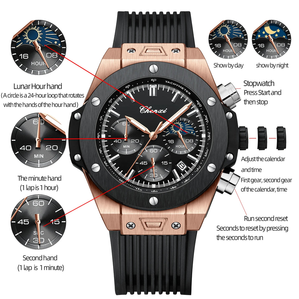 CHENXI Top Brand Luxury Watches for Mens Creative Fashion Luminous Dial with Chronograph Clock Male Casual Wristwatches