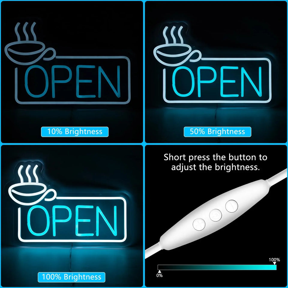Coffee Open Neon Sign For Wall Decor Studio Room Led Lights, Open Decor Neon Signs Aesthetic Operated Light For Door Decorations