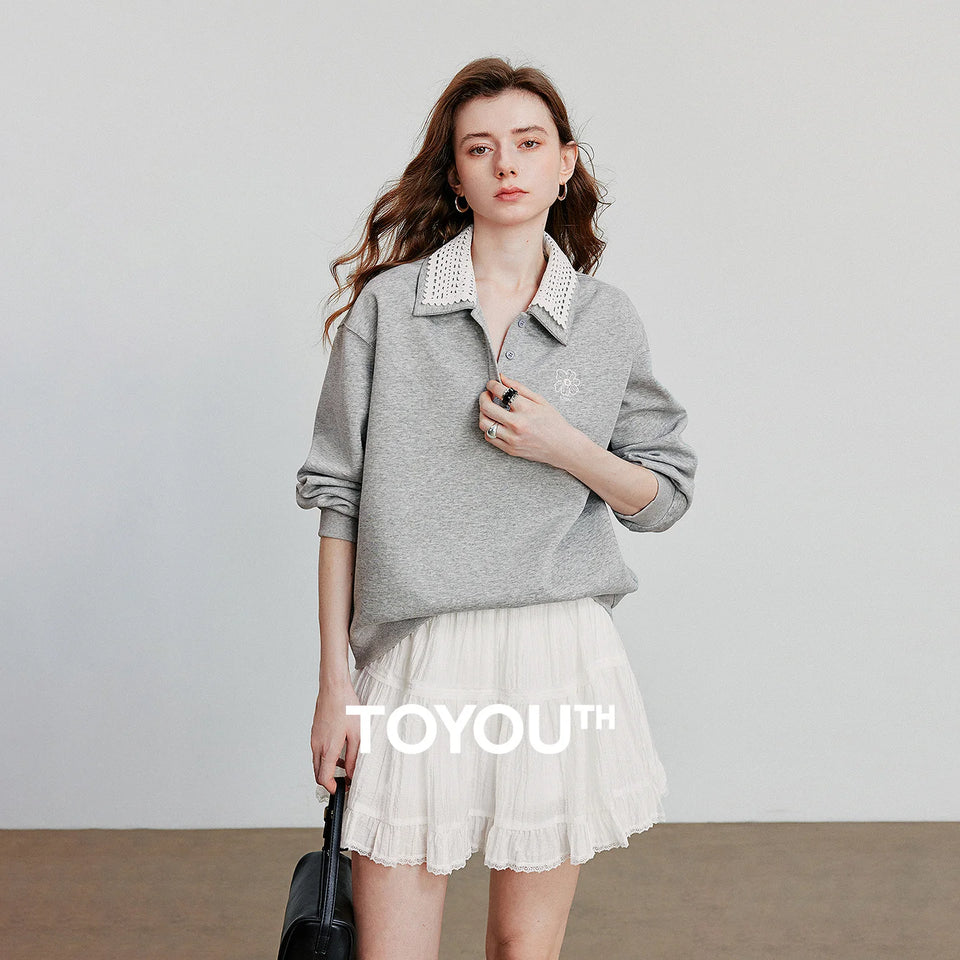 TOYOUTH Women Sweatshirt 2025 Autumn New Green Velvet Embroidery Contrasting Color Splicing Double Layer Collar Pullover Hoodies