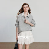 TOYOUTH Women Sweatshirt 2025 Autumn New Green Velvet Embroidery Contrasting Color Splicing Double Layer Collar Pullover Hoodies