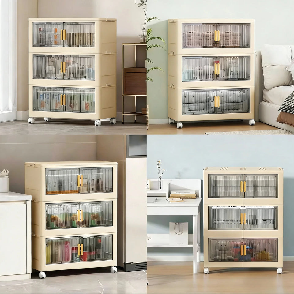 Collapsible Sturdy Storage Cabinet with Drawers and Wheels - Roomy Multi-purpose PP Organizer - Durable Storage Shelf