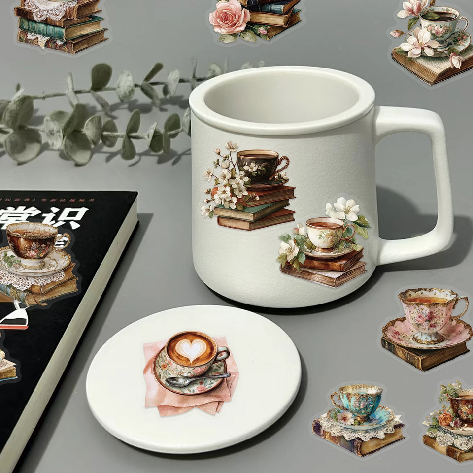 50/100PCS Cartoon Coffee Book Theme Sticker Transparent PET Decorative Skateboard Helmet Guitar Waterproof Stickers Kids Toy