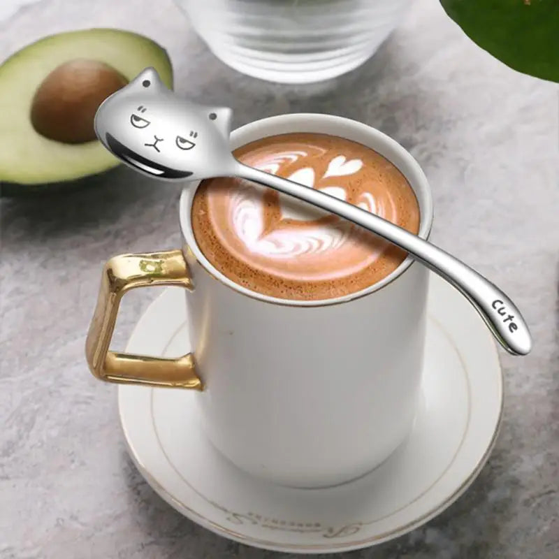 1PCS Cute Cat Coffee Spoon 304 Stainless Steel Cat Spoon Teaspoon Long Handle Flatware Gift Tableware Coffee Accessories