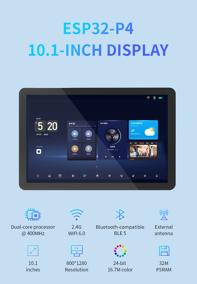 ESP32-P4 10.1 Inch Capacitive Touch Display Development Board 1280*800 IPS Screen Support Xiaozhi AI ESP32 C6 WiFi6 BT BLE 5