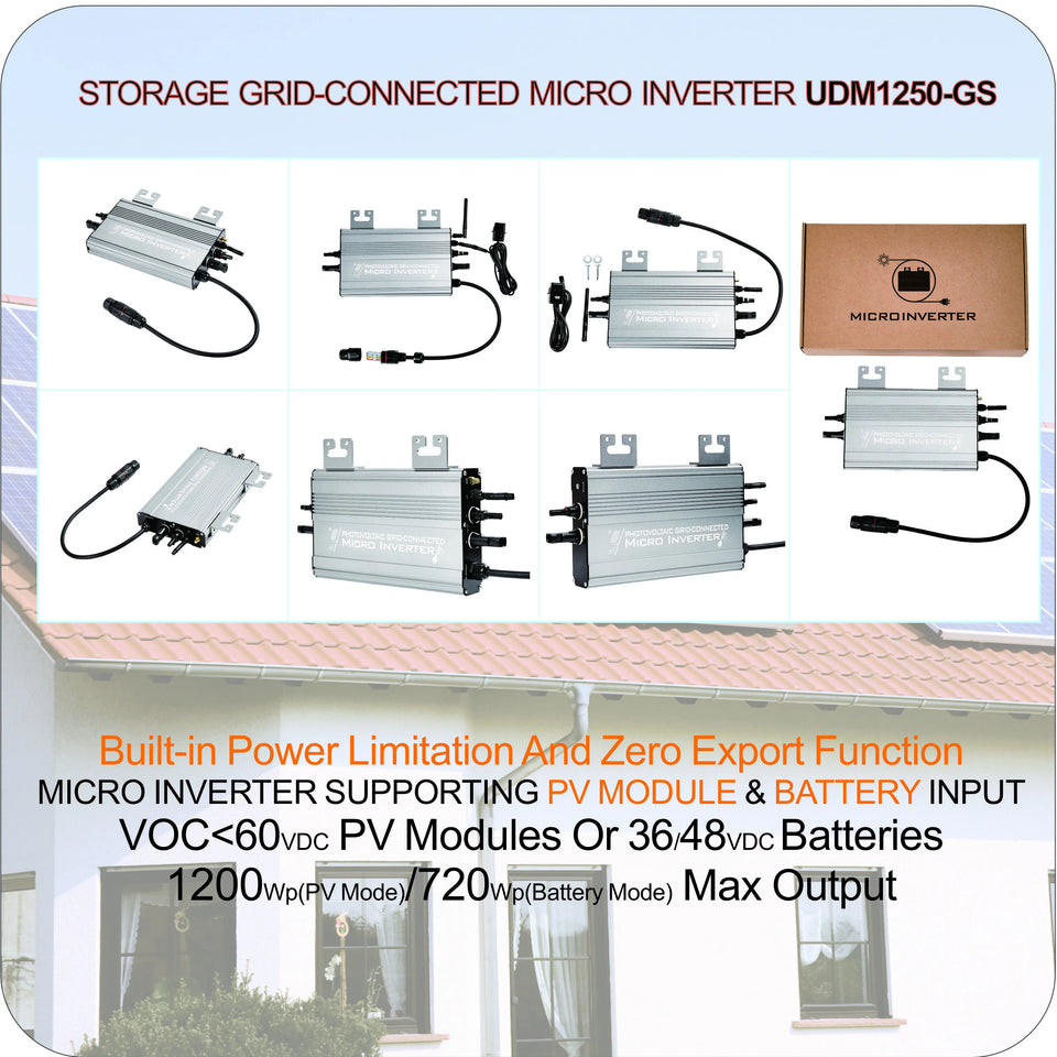 1200W/1000W/750W GS Hybrid Micro Inverter for Solar Pane & 36V/48V Battery Grid-Tie with Zero Export 180-265V AC | WiFi, IP65