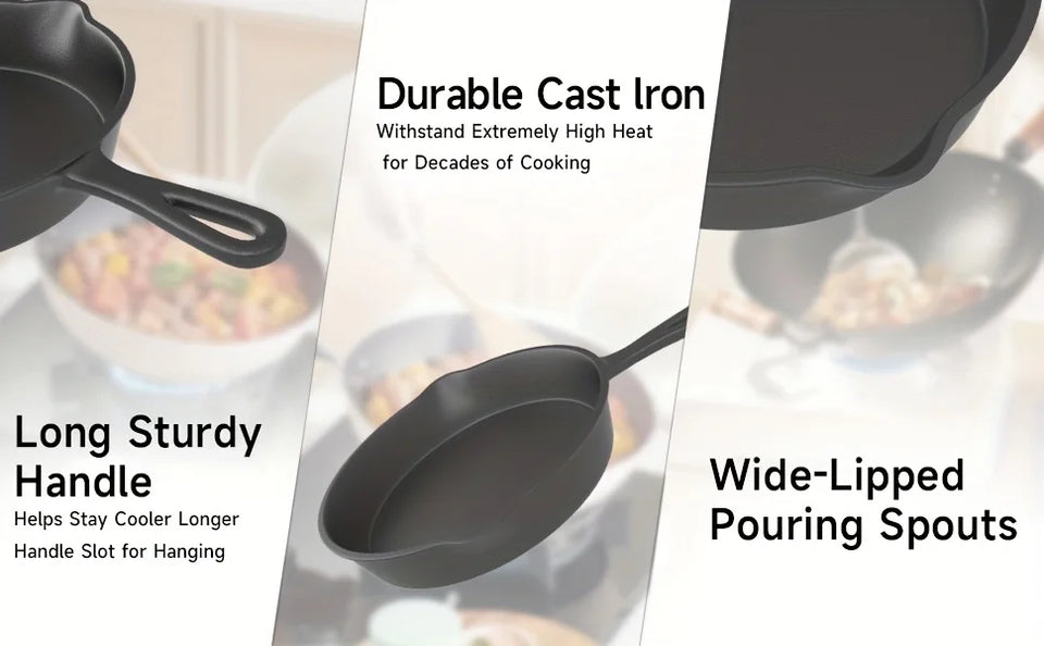 3-Piece Cast Iron Skillet Set (6/8/10 Inch) - Pre-Seasoned, Non-Stick, Heavy-Duty Pans for Oven, Grill & Campfire Cooking
