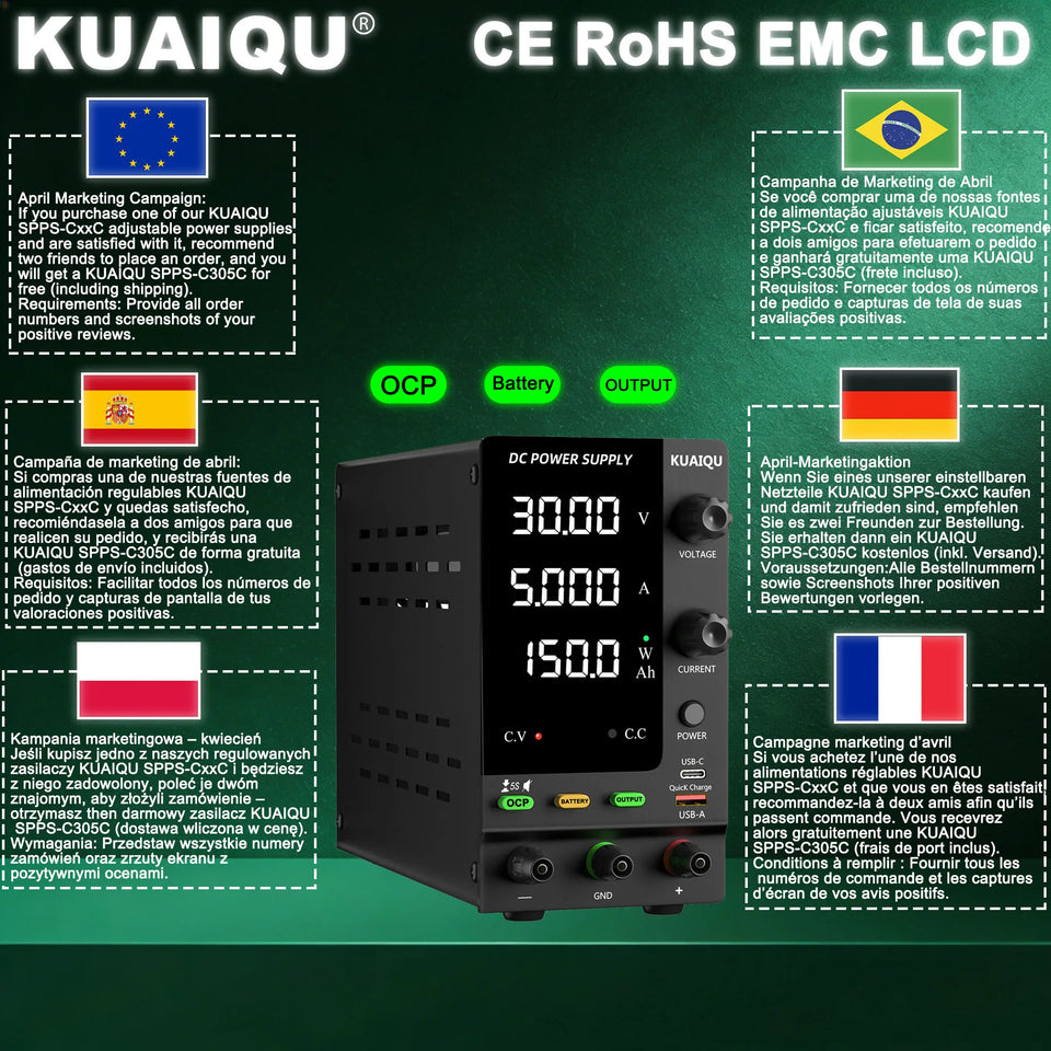 Adjustable DC Power Supply 30V 5A 10A,Bench Power Supply,24V 36V 48V 72V Battery Charging,Reverse Polarity Protection,Activate
