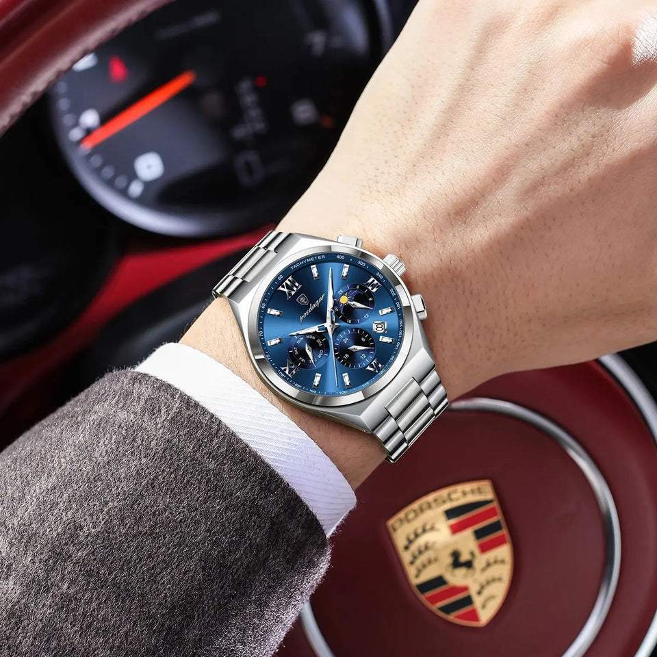 POEDAGAR Fashion Functional Man Wristwatch Luminous Week Date Business Watch For Men Stainless Steel Sports Men's Quartz Watches