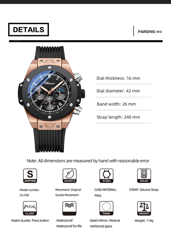 Men Watches High Quality Waterproof Sports Chronograph Quartz Wristwatches Silicone Strap Calendar Luminous Watch For Men