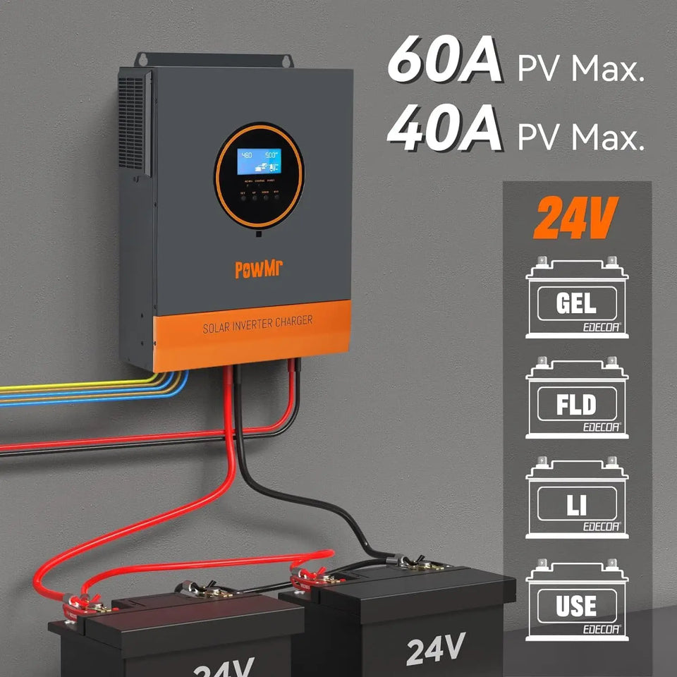 PowMr 3.2KW Hybrid Solar Inverter 24V 110V Off Grid Pure Sine Wave Inverter Single Phase with MPPT 60A Solar Battery Charger