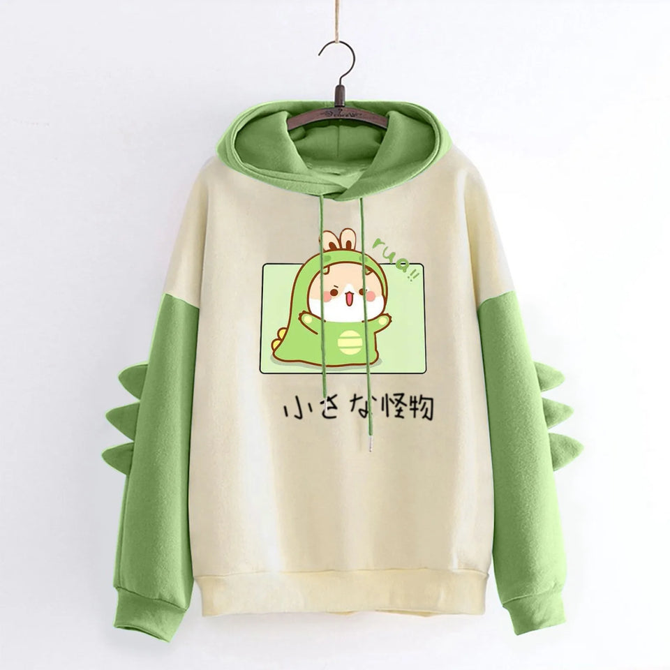 Winter Cute Dinosaur Cartoon Hoodie Women Fashion Sweatshirt Casual Print Long Sleeve Korean Style Splice Tops Kawaii Clothes