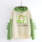 Winter Cute Dinosaur Cartoon Hoodie Women Fashion Sweatshirt Casual Print Long Sleeve Korean Style Splice Tops Kawaii Clothes