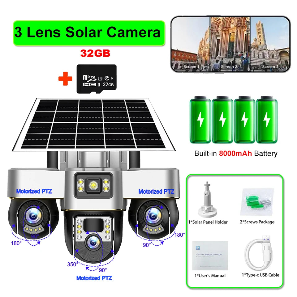 V380 Pro Solar Camera 3 Lens WiFi Security Cameras Outdoor Smart Home Solaire Power PTZ IP 15MP Night Vision CCTV Surveillance