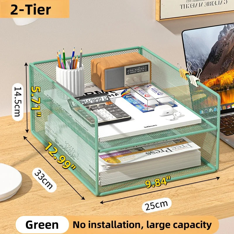 Office File Organizer Capacity Metal Mesh Desk Organizer with Three Layer Design Multifunctional File Holder Paper Storage Rack