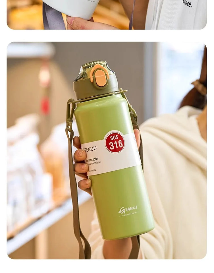 GIANXI 1000ml Spring Cap Large Capacity Vacuum Cup 316 Stainless Steel Coffee Cup Portable Outdoor Sports Water Bottle