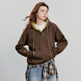 TOYOUTH Women Hoodies Sweatshirt 2025 Autumn New Contrasting Color Embroidery Splicing Hooded Pullover Tops