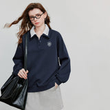 TOYOUTH Women Sweatshirt 2025 Autumn New Green Velvet Embroidery Contrasting Color Splicing Double Layer Collar Pullover Hoodies